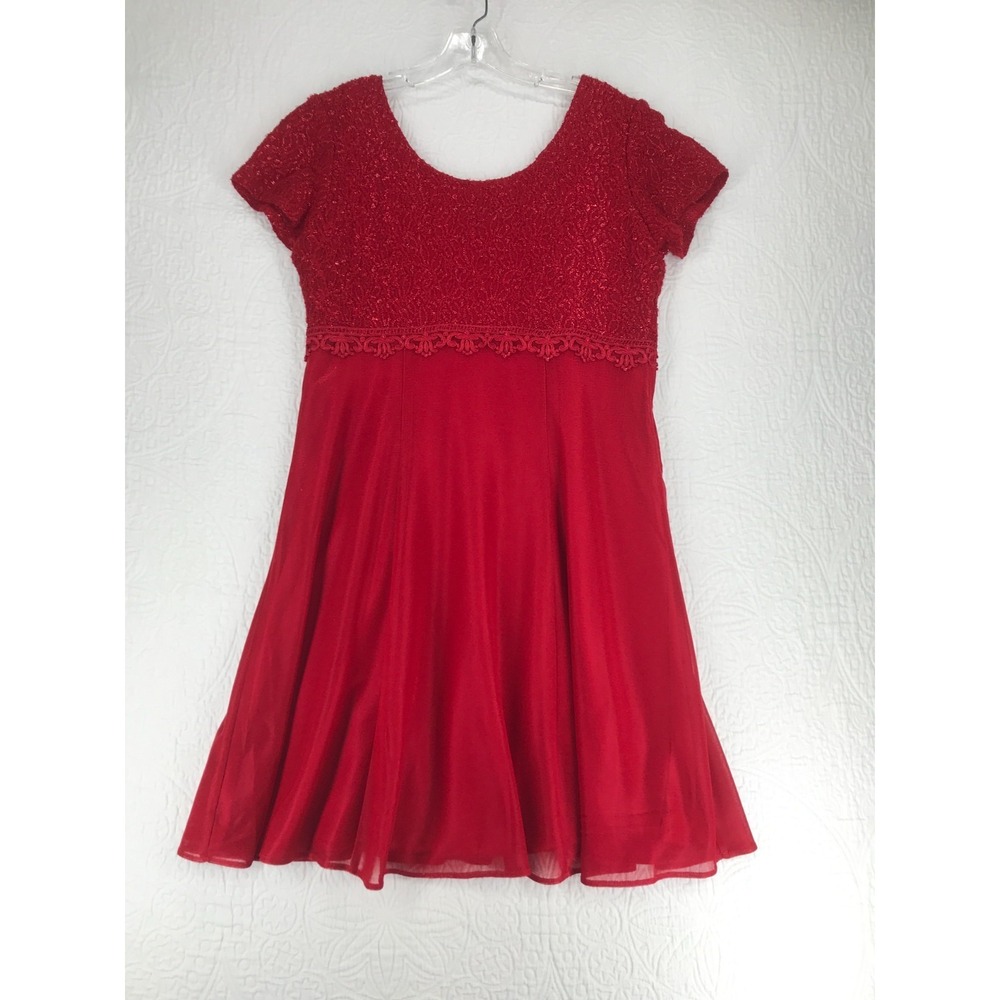 Molly Malloy Evening Party Dress Size 14 Lined Short‎ Sleeve Red Metallic